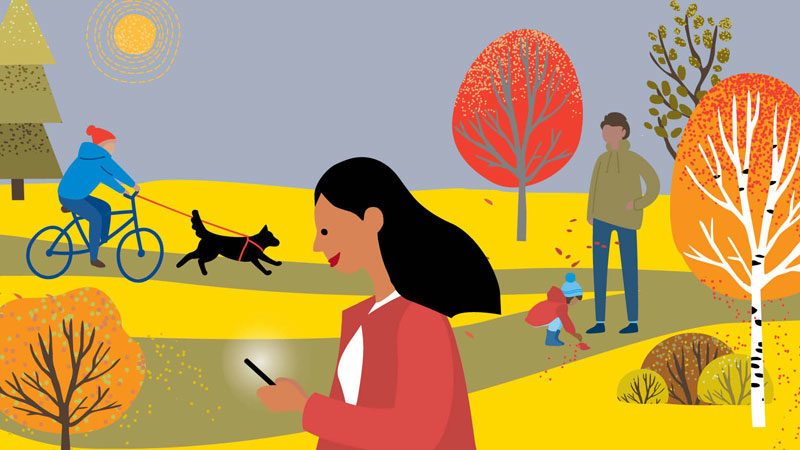Parent and child, dog walker and person on phone outdoors in autumn