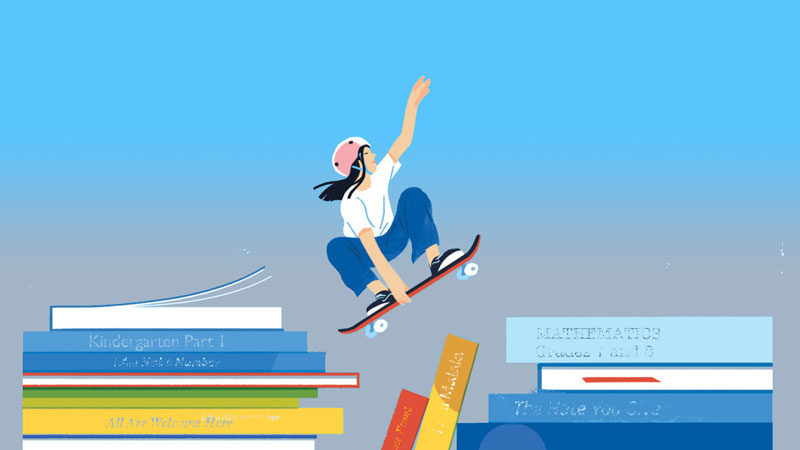 Skateboarder jumping between books